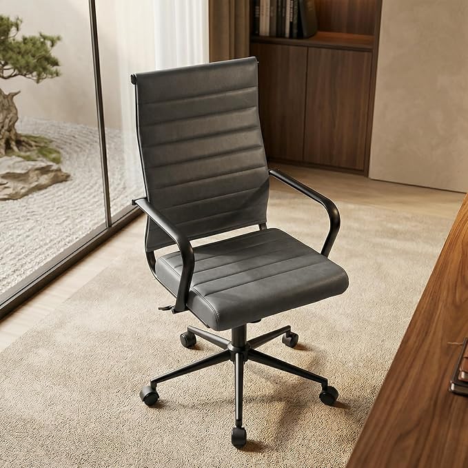 Okeysen Genuine Leather Office Desk Chair, Mid-Century Modern Real Leather Conference Room Chairs, Ergonomic Executive Ribbed Height Adjustable Swivel Rolling Chair for Home Office.