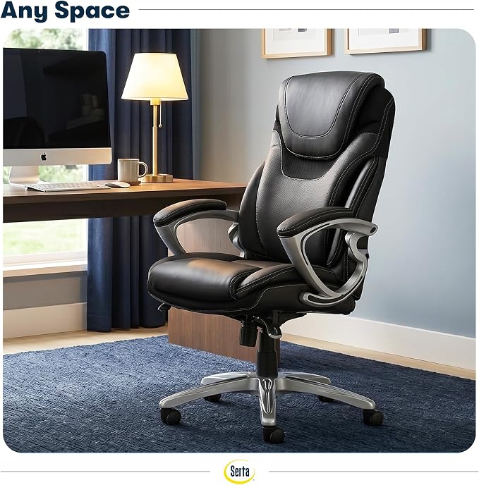 Serta Bryce Executive Office Chair - Ergonomic Computer DeskChair with Lumbar Technology - Adjustable Height - Memory Foam Body Pillows - 360° Swivel Rolling Base - Bonded Leather - Black
