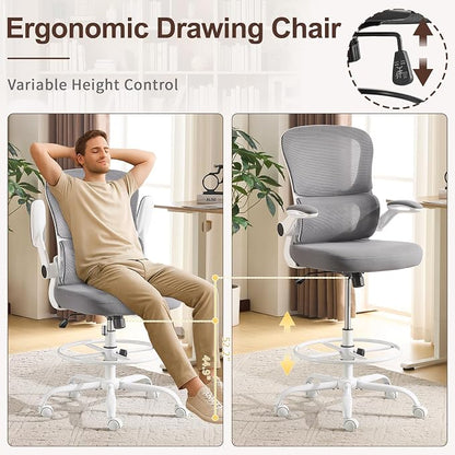 Karl home Ergonomic Drafting Chair, Grey | Lumbar Support, Flip-Up Armrests, Adjustable Height Footrest Ring, Breathable Mesh, Tall Swivel