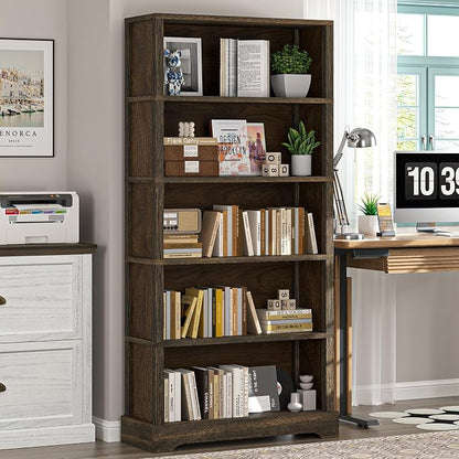 TVU 5-Tier Solid Wood Book Shelf, Floor Standing Bookcase, 65" H × 31.5" W × 11.8" D Bookshelf, Farmhouse Style Book Case with Arched Base, Suitable for Living Room, Study, Office, Walnut