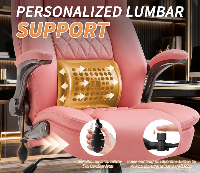 Large High Back Office Chair - Adjustable Lumbar Support Flip Up Arms Heavy Duty Quiet Wheels Metal Base Breathable Bonded Leather Ergonomic Executive Computer Desk Chair with Storage Bags, Pink