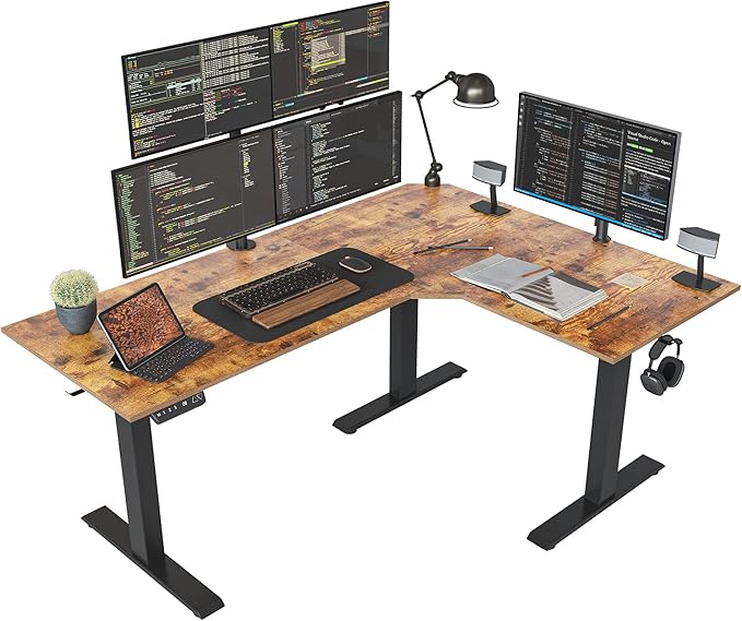 FEZIBO Triple Motor 63" L Shaped Standing Desk, Electric Standing Gaming Desk Adjustable Height, Corner Stand up Desk with Splice Board, Black Frame/Rustic Brown Top