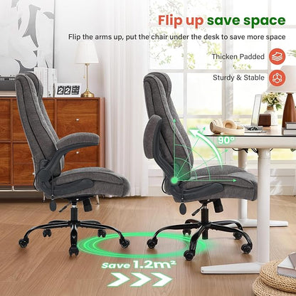 CIOMAN 500lbs Big and Tall Office Chair with Inflatable Lumbar Support for Back Pain, Executive Office Chair with Flip Up Arms and Rocking Function, Wide Cushion Computer Chair for All-Day Sitting