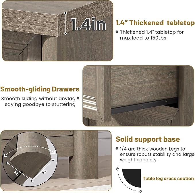 Grey Nightstand Rustic Wood Night Stand for Bedroom Living Room Sofa Couch, Farmhouse Nightstand with 2 Drawers, 22.8” Wide Large Bed Side Table, Bedside End Table with Metal Knob, Gray Color