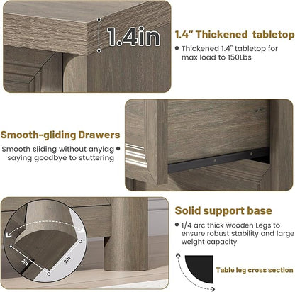 Grey Nightstand Rustic Wood Night Stand for Bedroom Living Room Sofa Couch, Farmhouse Nightstand with 2 Drawers, 22.8” Wide Large Bed Side Table, Bedside End Table with Metal Knob, Gray Color