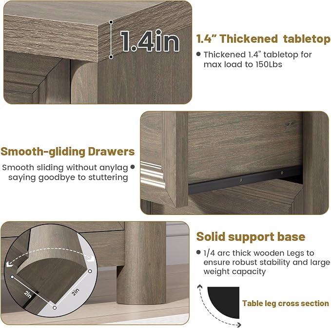Night Stand Set of 2 Farmhouse Nightstand with 2 Drawers Storage Bed Side Table End Table with Metal Knob Large Mid Century Modern Wood Bedside Stand for Bedroom Living Room Sofa Couch Office Grey