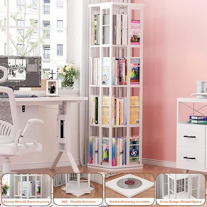 Aheaplus Rotating Bookshelf, 4-Tier Corner Bookshelf, 360 Display Wood Spinning Bookshelfs, Floor Standing Bookcase Narrow Shelf Revolving Organizer Storage Rack for Small Space, Study Room, White