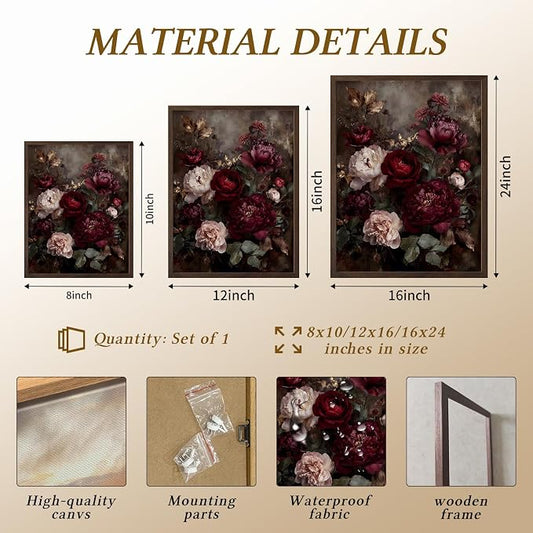 Framed Vintage Dark Floral Wall Art, Moody Burgundy Peony Canvas Wall Decor Picture, Retro Rustic Botanical Still Life Painting for Living Room Bedroom Bathroom 16X24 Inch