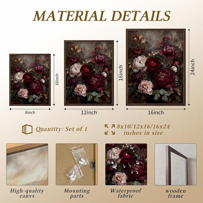 Framed Vintage Dark Floral Wall Art, Moody Burgundy Peony Canvas Wall Decor Picture, Retro Rustic Botanical Still Life Painting for Living Room Bedroom Bathroom 12x16 Inch