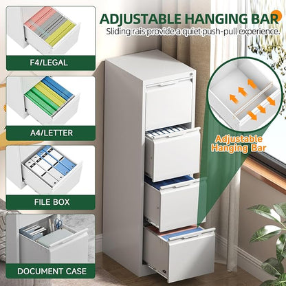 4 Drawer File Cabinet with Lock, Filing Cabinets for Home Office | Tall File Cabinet, Lockable File Cabinet, Metal File Cabinet for Letter/Legal/A4/F4 Size, Assemble Required