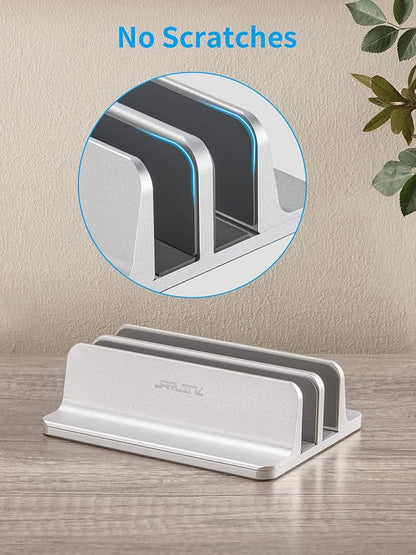 JARLINK Vertical Laptop Stand Holder, Aluminum Double Desktop Stand Holder with Adjustable Dock (Up to 17.3 inch), Compatible with MacBook, Surface, Chromebook, and Gaming Laptops, Silver