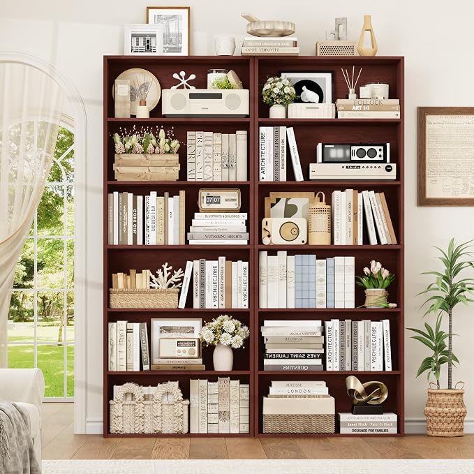 FOTOSOK 6-Tier Open Bookcase and Bookshelf, Freestanding Display Storage Shelves Tall Bookcase for Bedroom, Living Room and Office,Cherry Set of 2