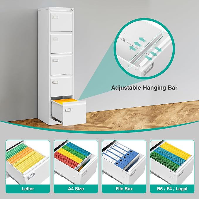 SISESOL 5 Drawer File Cabinet with Lock,White Narrow Vertical File Cabinet Five Drawer,Tall Office Filing Cabinets,Metal Filing Cabinets for Home Office,Fit A4,Legal,Letter Size,-Assembly Required