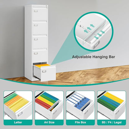 SISESOL 5 Drawer File Cabinet with Lock,White Narrow Vertical File Cabinet Five Drawer,Tall Office Filing Cabinets,Metal Filing Cabinets for Home Office,Fit A4,Legal,Letter Size,-Assembly Required