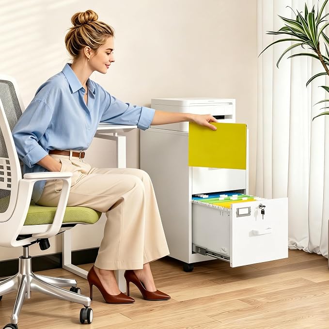 BYNSOE 2 Drawers File Cabinet with Lock Metal Vertical File Cabient with Wheels Mobile File Cabinet for Office Home Legal/Letter/a4 Size Require Assembly (White, 2 Drawers)