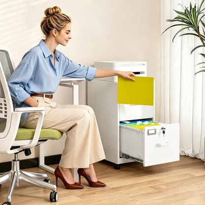 BYNSOE 2 Drawers File Cabinet with Lock Metal Vertical File Cabient with Wheels Mobile File Cabinet for Office Home Legal/Letter/a4 Size Require Assembly (White, 2 Drawers)