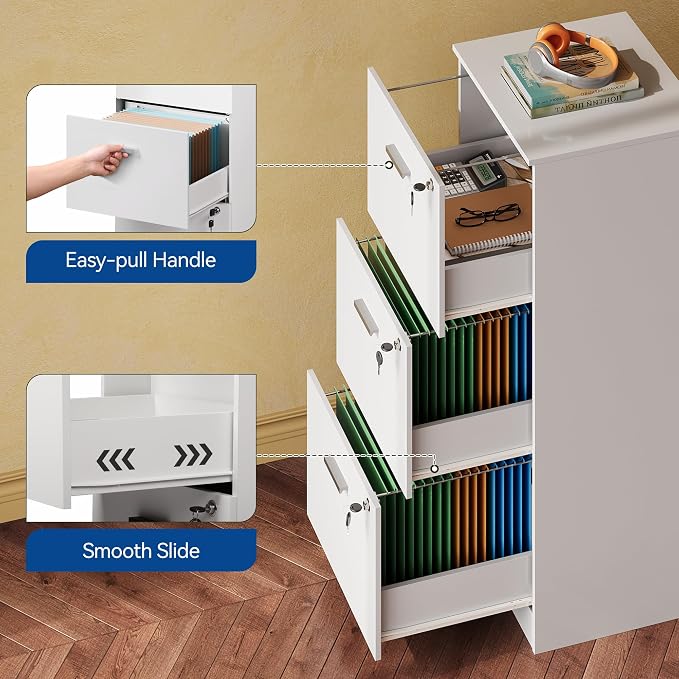 DEVAISE Wood File Cabinet with Lock, Vertical 3 Drawer Filing Cabinet for Home Office, Office Printer Stand for Letter and A4 Size (White)