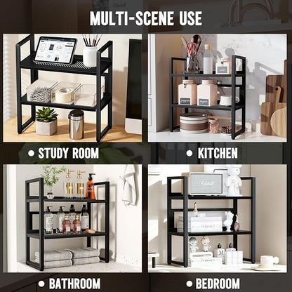 Brakki Desk Shelf Organizer, Adjustable 2 Tier Metal Desktop Shelves, Desktop Bookshelf Organization with Foot Mat, Multi-Functional Small Storage Rack for Office Dorm Home, Black