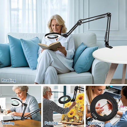 HITTI Ultra Long 12X Magnifying Glass with Light and Clamp, 5 Color Modes Stepless Dimming Desk Lamp, Swivel Arm Workbench Light, Hands Free Lighted Magnifier Stand for Craft Reading Soldering