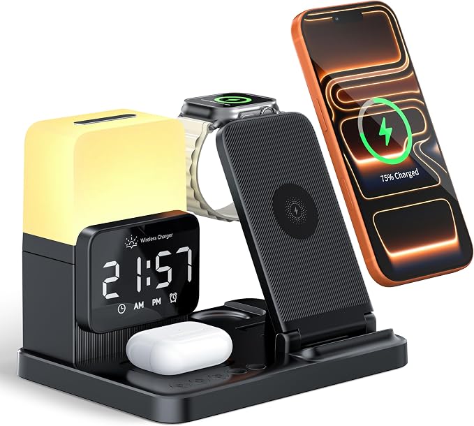 6-in-1 Wireless Charging Station,Charger Stand for Apple Devices,for iPhone 17-12 Pro Max Watch Airpods,Wireless Charger iPhone Charging Station with Night Light/Alarm Clock Gifts for Fathers Day