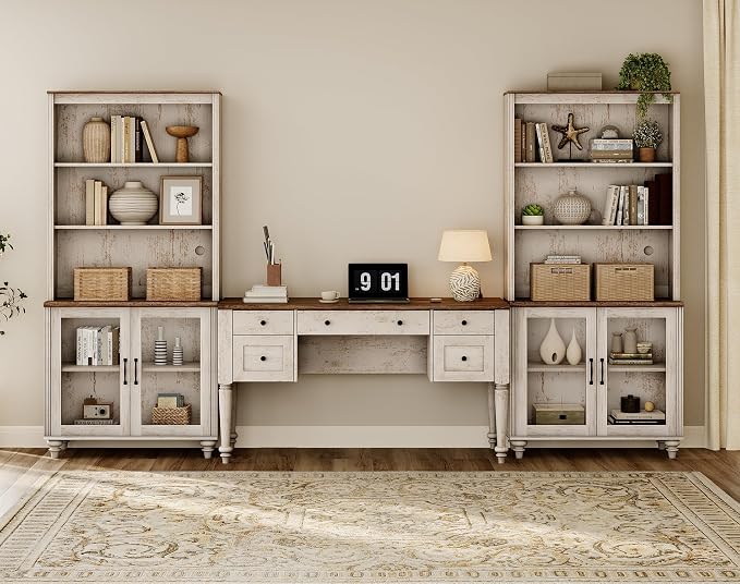 WAMPAT Home Office Furniture Set, 56" Executive Desk with Charging Station, 72" Tall Bookcase with 4 Glass Doors, Wood Computer Desk with File Cabinet Storage, Open Shelf, Rustic White