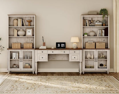 WAMPAT Home Office Furniture Set, 56" Executive Desk with Charging Station, 72" Tall Bookcase with 4 Glass Doors, Wood Computer Desk with File Cabinet Storage, Open Shelf, Rustic White