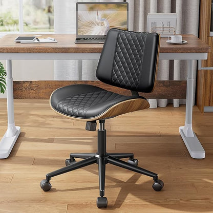YaFiti Armless Office Chair, Mid Century Modern Desk Chair with Walnut Wood Back & SGS Level 3 Gas Lift, Swivel PU Leather Computer Chair for Small Space, Home Office, Bedroom, 300lbs Cap, Black
