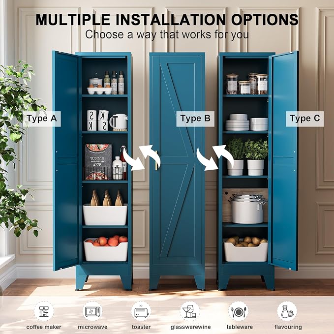 Narrow Bathroom Storage Cabinet Tall Metal Storage Cabinets with 4 Adjustable Shelves Freestanding 5 Tier Slim Pantry Cabinet for Kitchen Office Small Space Blue