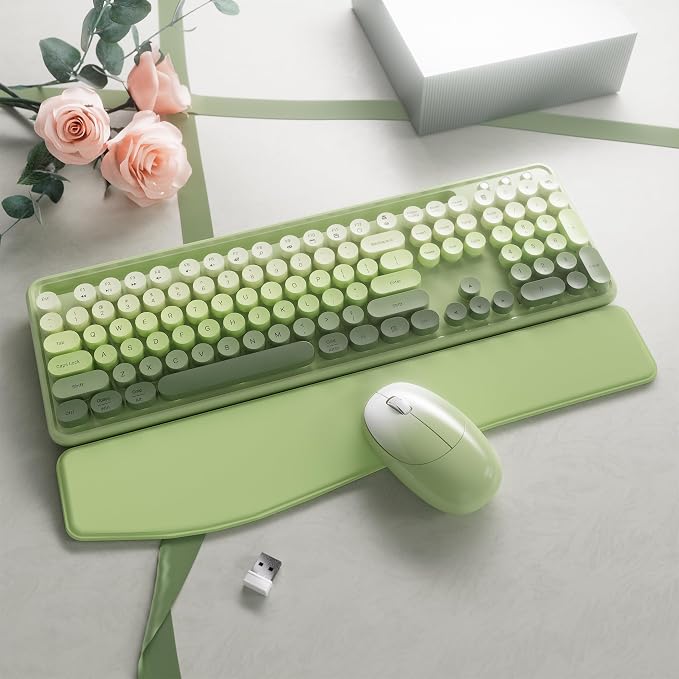 Wireless Keyboard and Mouse, Colorful 104-Key QWERTY with Round Keys, Phone Holder, Wrist Rest, Power Buttons, 2.4GHz USB for PC Laptop (Green Gradient)