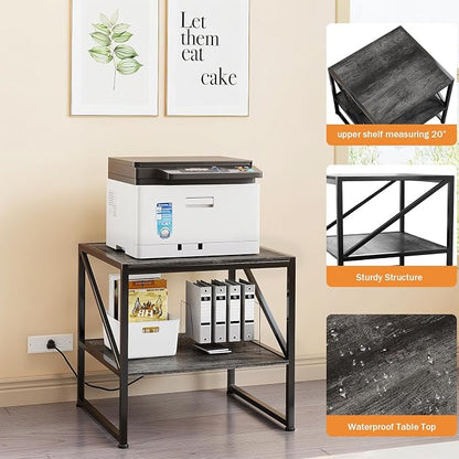 2-Tier Large Priner Stand with Charging Station, 20"×20" Under Desk Printer Table with Power Outlets and USB Ports for Home Office, Mini Fridge Stand, Storage Shelf for Scanner Fax Machine, Grey Oak