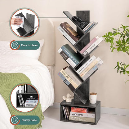 Yoobure Tree Bookshelf - 6 Shelf Retro Floor Standing Bookcase, Tall Wood Book Storage Rack for CDs/Movies, Utility Book Organizer Shelves for Bedroom, Living Room, Home Office, Dark Grey