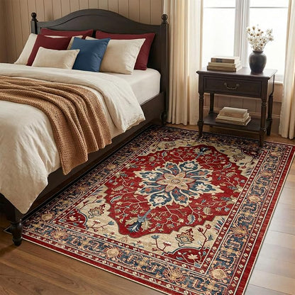 RELEANY Area Rugs 5'x7' Washable Non-Slip, Floral Vintage Distress Medallion Carpet for Living Room Bedroom Dining Room, Red Blue