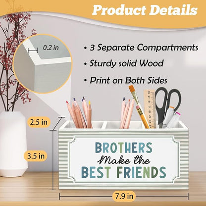 Boy Nursery Decor Kids Pen Holder Organizer for Desk Accessories, Brothers Make the Best Friends Neutral Striped Wooden Box Sign Desk Decorations for Kids Boys Room Bedroom Playroom Decor