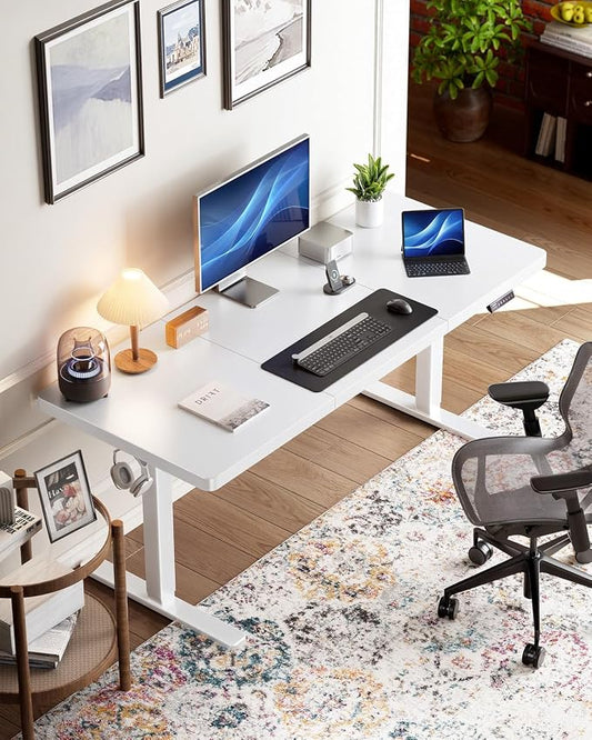 HUANUO 60 x 30 inch Large Standing Desk, Powerful Brushless Motor Large Height Adjustable Table, 4 Memory Preset Stand Up Work Station Sit Stand Desk, Home Office with Thick T-Shaped Frame,White