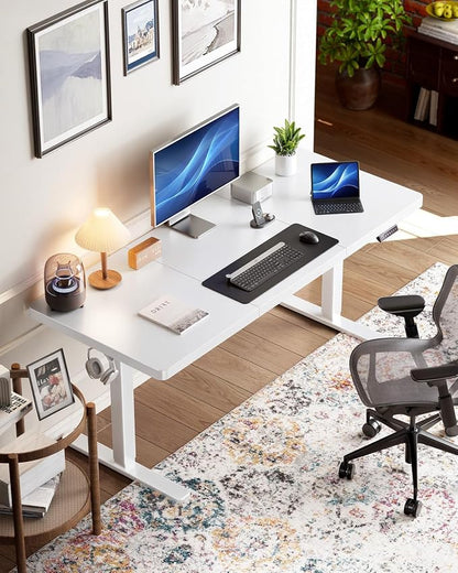 HUANUO 71 x 30 inch White Electric Standing Desk, Large Height Adjustable Table, 4 Memory Preset Sit Stand Up Desk, Powerful Brushless Motor Home Office Computer Table with Thick T-Shaped Frame