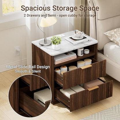 Fluted Nightstand, Night Stand Set 2, 23" Wide Walnut Nightstands Set of 2 with Charging Station & Faux Marble Top, 2 Drawer Large Wooden End Table, Bedside Table for Bedroom,Curved Corners