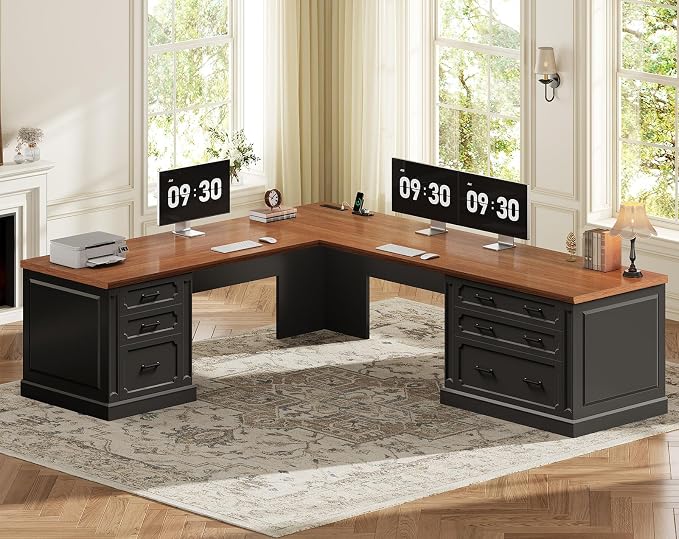 SEDETA Farmhouse 78.8" L Shaped Desk with 6 Drawers, Home Office Desk with Power Outlet, File Cabinet Storage, Wood Corner Computer Desk for Work and Study, Black+Brown