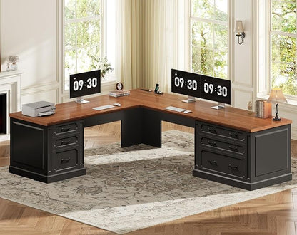 SEDETA Farmhouse 78.8" L Shaped Desk with 6 Drawers, Home Office Desk with Power Outlet, File Cabinet Storage, Wood Corner Computer Desk for Work and Study, Black+Brown
