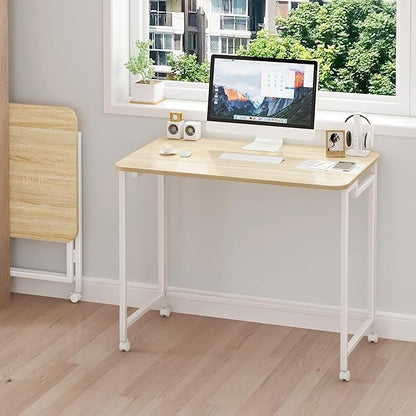 JSB Folding Desk for Small Spaces,Mobile Portable Rolling Laptop PC Table on Wheels,Foldable Computer Desk for Home Office,Bedroom,Dorm,Space Saving (Natural & White, 31.5")