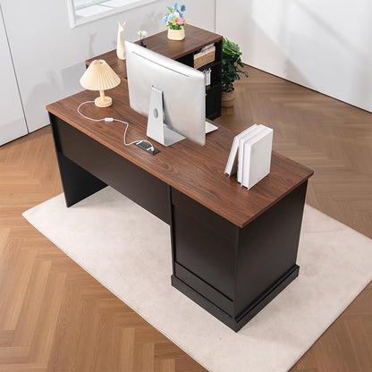 60" Professional Office Desk with 40" Mobile File Cabinet,Business Desk with Charging Station,L Shaped Executive Desk Set for Office Work,Home Study