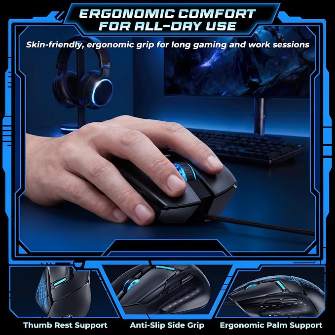 Uineer Ergonomic Wired Gaming Mouse, RGB Programmable Mouse with 6 Macro Buttons, 7200 DPI Adjustable, Silent Click USB-A Computer Mouse for PC Gamer, Windows, Mac, Laptop