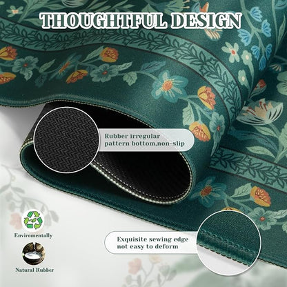 iCasso Green Aesthetic Flower Mouse pad for Laptop, Vintage Desk Matt for Desktop 13.7"x23.6", Anti-Slip Mousepad with Stitched Edges for Laptop Computer Keyboard(Deep Green)