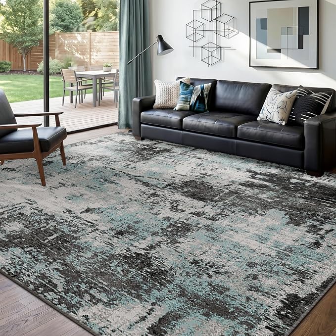RELEANY Washable Area Rugs 9'x12' Non-Slip Modern Abstract Soft for Living Room Entryway Bedroom Kitchen, Print Pattern, Blue Black Teal