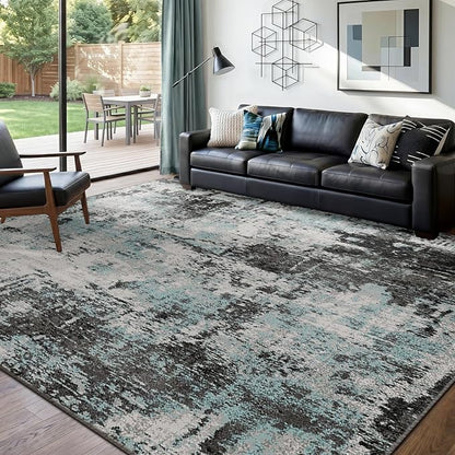 RELEANY Washable Area Rugs 9'x12' Non-Slip Modern Abstract Soft for Living Room Entryway Bedroom Kitchen, Print Pattern, Blue Black Teal