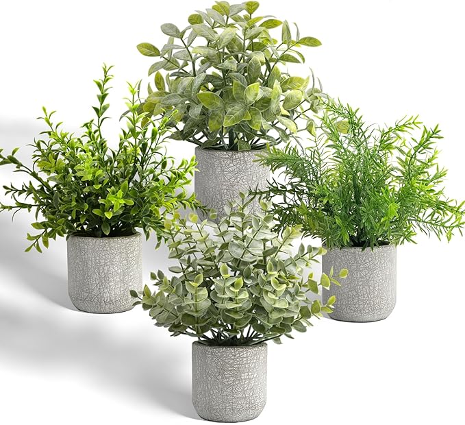 4 Pack Small Fake Plants in Farmhouse Concrete Planter | Artificial Plants Indoor, Home Decor, Bathroom Bedroom Shelf Desk Office Table Kitchen Room Decor