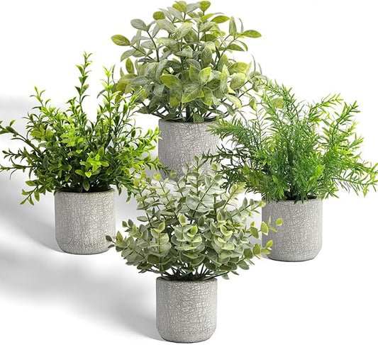 4 Pack Small Fake Plants in Farmhouse Concrete Planter | Artificial Plants Indoor, Home Decor, Bathroom Bedroom Shelf Desk Office Table Kitchen Room Decor