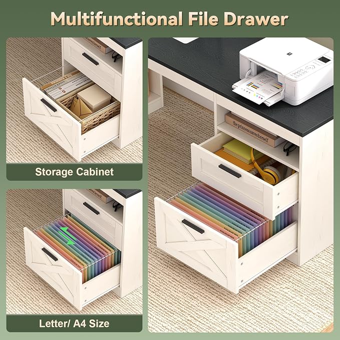 YOMILUVE Farmhouse L Shaped Standing Desk, 66 inch Corner Electric Standing Desk with Drawers ＆ Storage Shelves, Height Adjustable Computer Desk with Power Outlets for Home Office (Black and White)