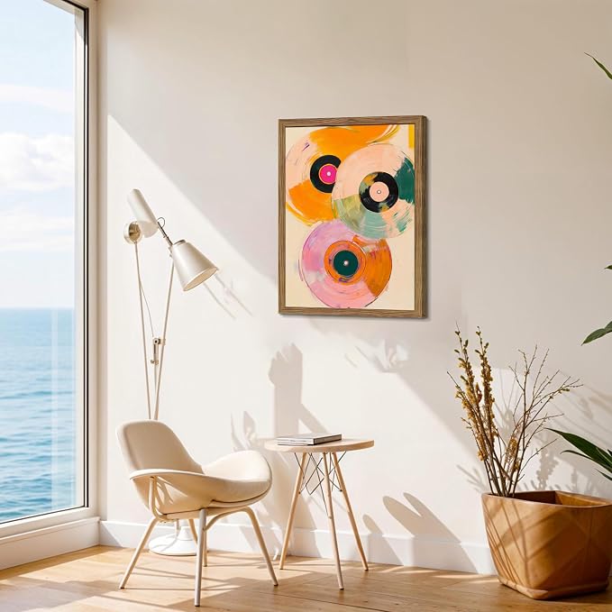 Vintage Vinyl Record Wall Art - Framed Canvas Music Decor for Living Room & Studio, Colorful Abstract Oil Painting in Wood Frame, Retro Record Player Print for Bedroom 16x24 inch