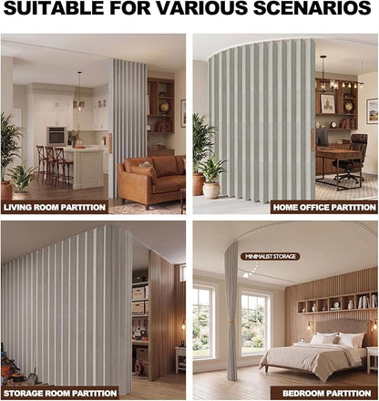 JILRON Folding Accordion Partition Divider with Ceiling Track - Hanging Room Curtain, Quick Setup(Grey 100" W x 84" L-Pack of 1)