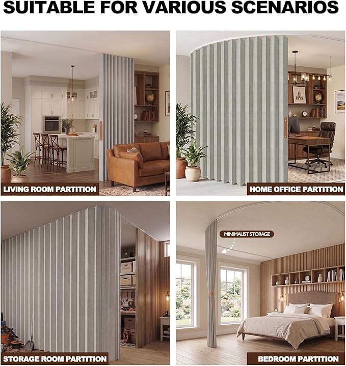 JILRON Folding Accordion Partition Divider with Ceiling Track - Hanging Room Curtain, Quick Setup(Grey 100" W x 108" L-Pack of 1)